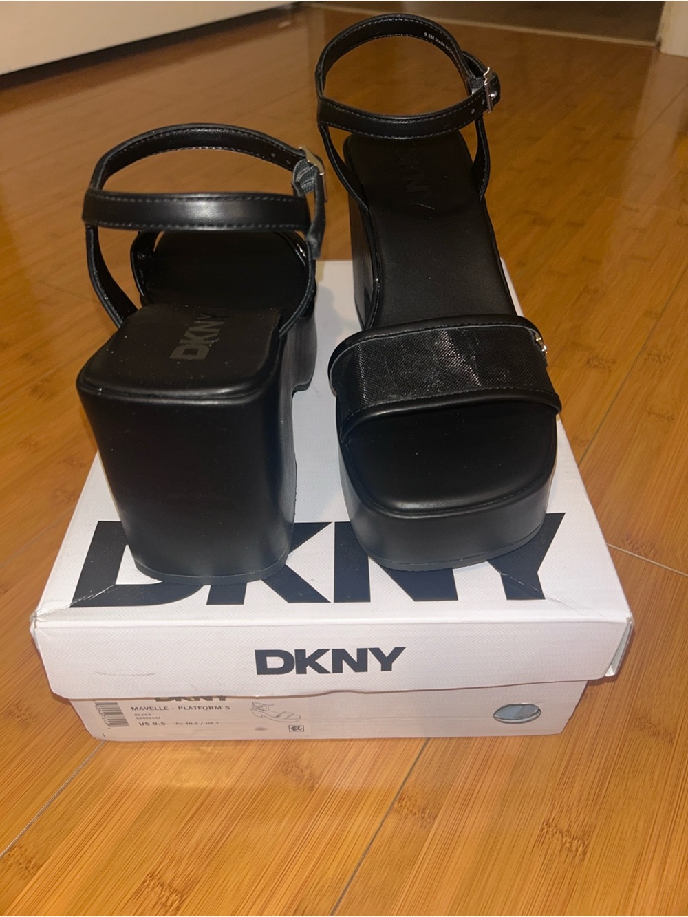 DKNY Black Platform Sandals with Ankle Strap and Wide Toe Band